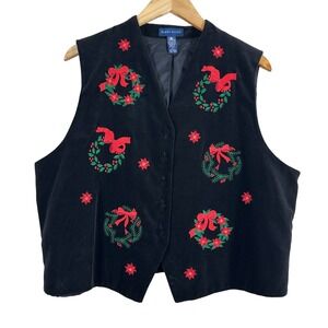 Karen Scott Women's Vest Holiday Black 100% Cotton Velvet Embroidered Size XL